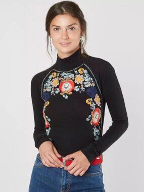 Free People Disco Rose Embroidered Floral Knit Long Sleeve Top